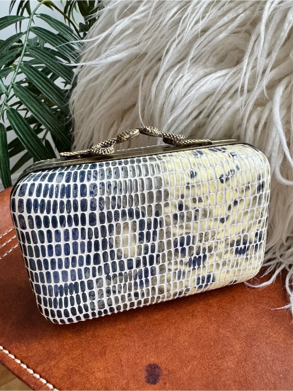 House of Harlow 1960 Yellow and Navy Faux Snakeskin Box Clutch